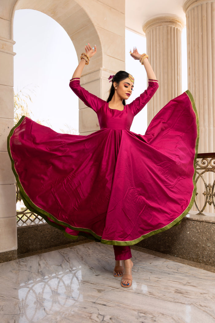 Magenta Rose Printed Silk Blend Anarkali Set With Olive Border