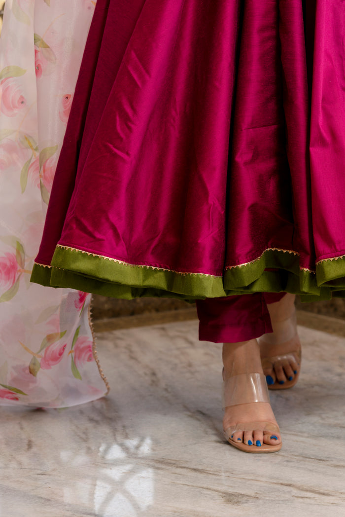 Magenta Rose Printed Silk Blend Anarkali Set With Olive Border