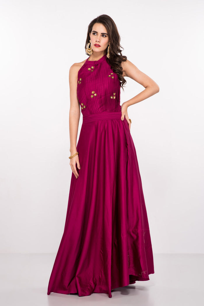 Magenta Satin Halter Gown With Pleated Bodice And Gold Button Detail