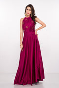Magenta Satin Halter Gown With Pleated Bodice And Gold Button Detail