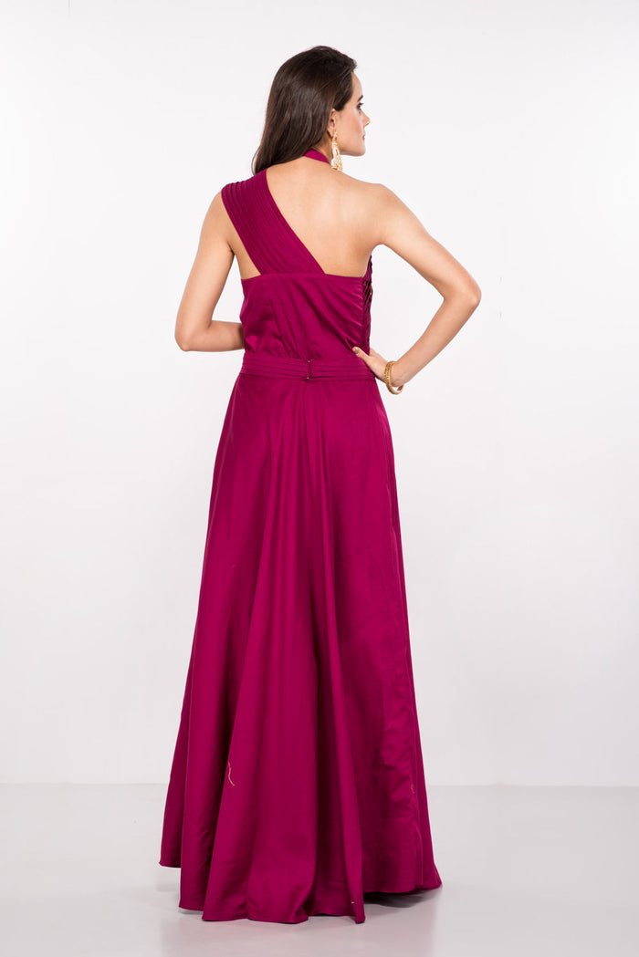 Magenta Satin Halter Gown With Pleated Bodice And Gold Button Detail