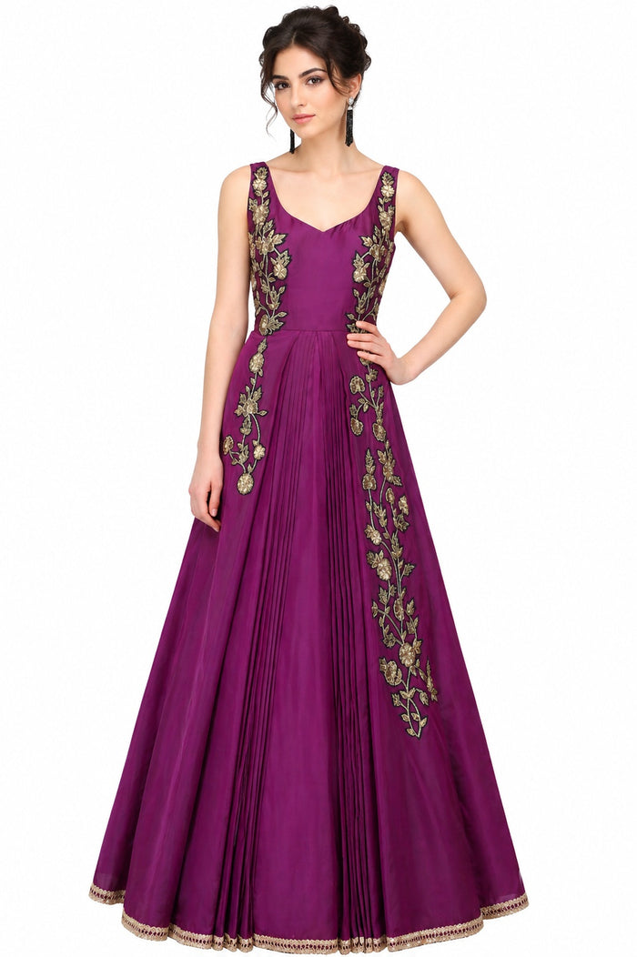 Magenta Silk Gown With Gold Floral Embroidered Front Panels