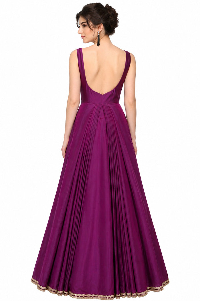 Magenta Silk Gown With Gold Floral Embroidered Front Panels
