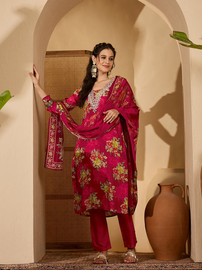 Magenta Silk Kurti With Floral Bouquet Print