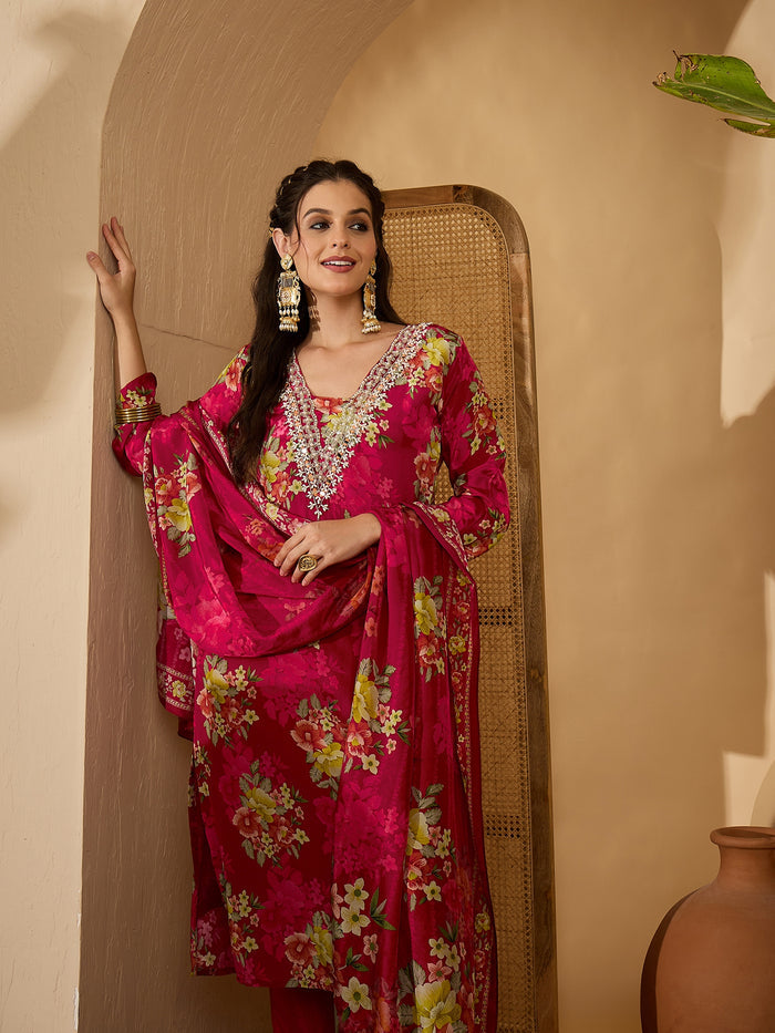 Magenta Silk Kurti With Floral Bouquet Print