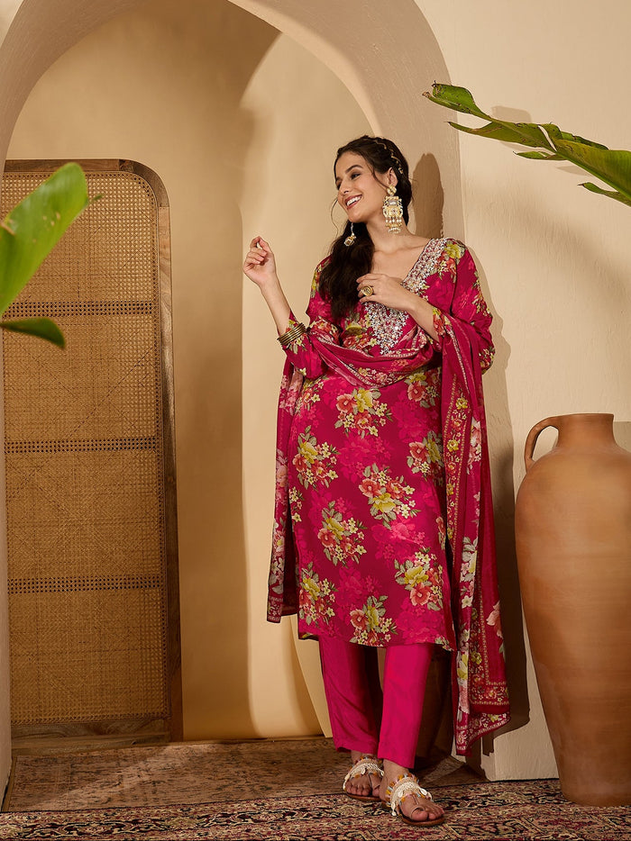 Magenta Silk Kurti With Floral Bouquet Print