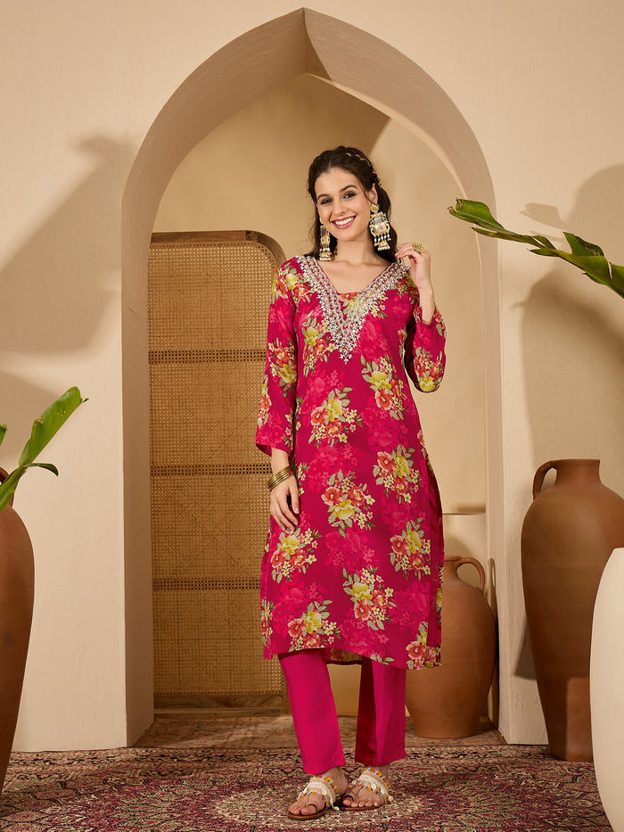 Magenta Silk Kurti With Floral Bouquet Print