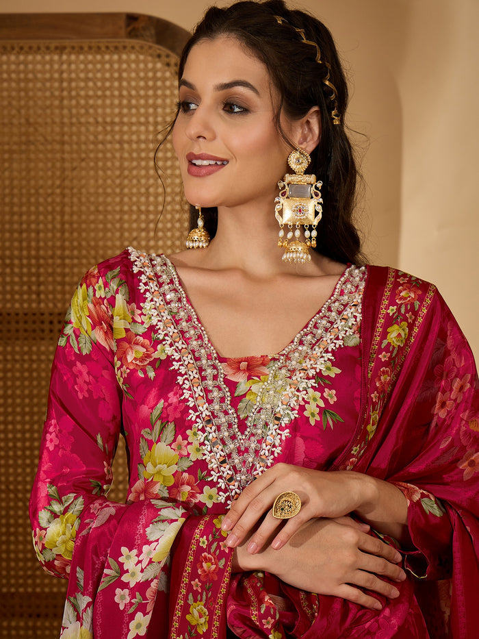 Magenta Silk Kurti With Floral Bouquet Print