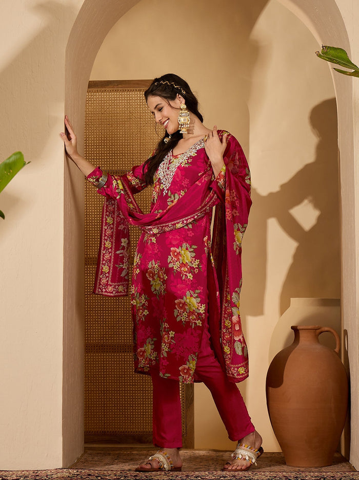Magenta Silk Kurti With Floral Bouquet Print