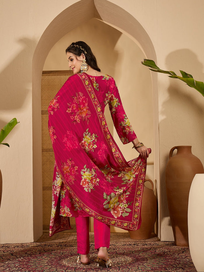 Magenta Silk Kurti With Floral Bouquet Print