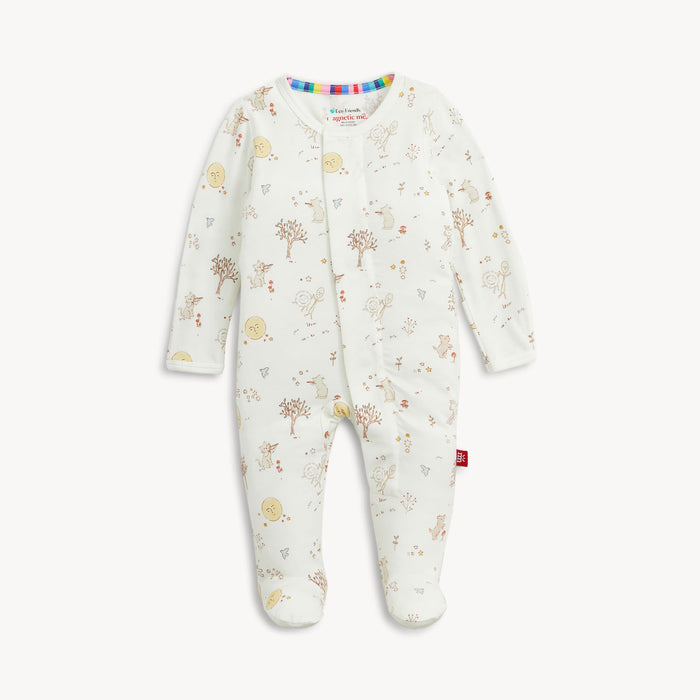 Baby onesie with a nursey book pattern on a white background