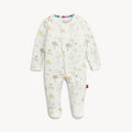 Baby onesie with a nursey book pattern on a white background