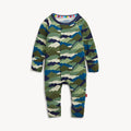 A baby long-sleeve one-piece jumpsuit featuring a multicolor mountain camouflage pattern in shades of green, blue, and beige, with a magnetic button front closure.