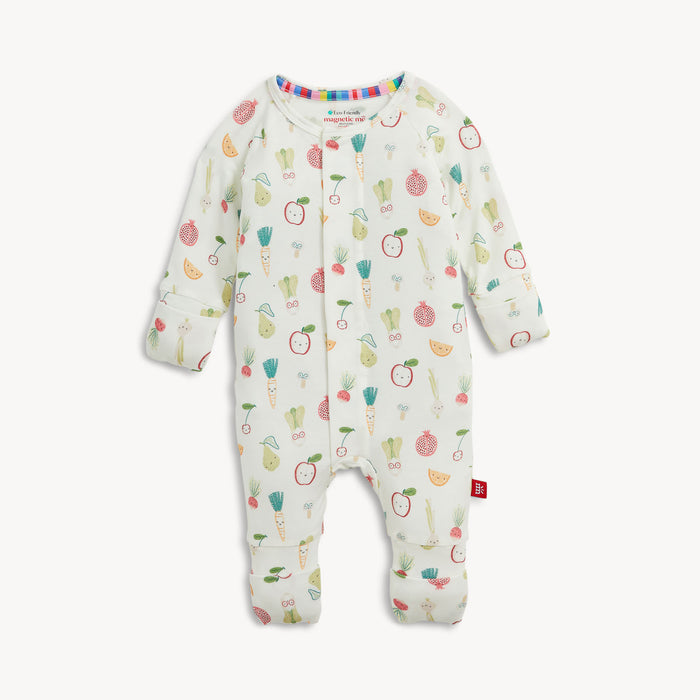 Baby romper with a colorful, all over print featuring cartoon fruits and vegetables