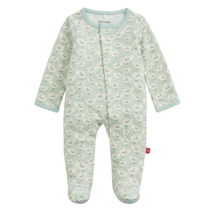 A baby footed sleeper in a pale mint green color with a repeating pattern of cartoon animals, shown against a plain white background.