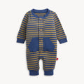 A baby long-sleeve romper with horizontal blue and mustard yellow stripes, featuring a blue waffle-knit collar, button closure, and front pockets, shown on a light gray background.