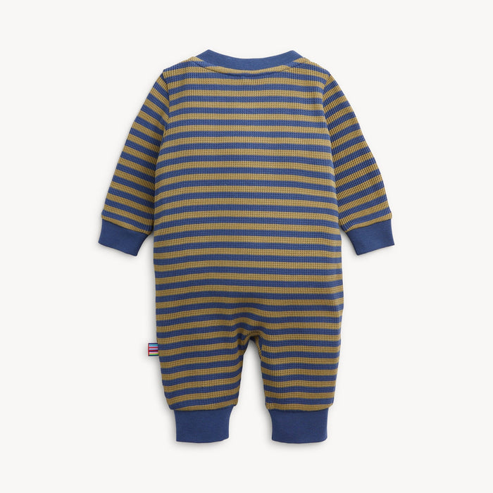 A baby long-sleeve footless jumpsuit shown from the back, featuring horizontal stripes in navy blue and olive yellow with solid navy cuffs and collar.