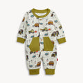 A baby long-sleeve footless one-piece jumpsuit with an all-over construction vehicle print on an off-white background, featuring olive green ribbed trim, pockets, and cuffs.