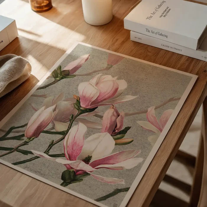 Magnolia by l Prang Flower Print, vintage botanical print unframed on a home office desk