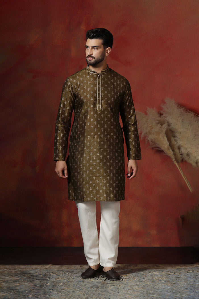 Mahendi Green Dupion Printed Kurta Set