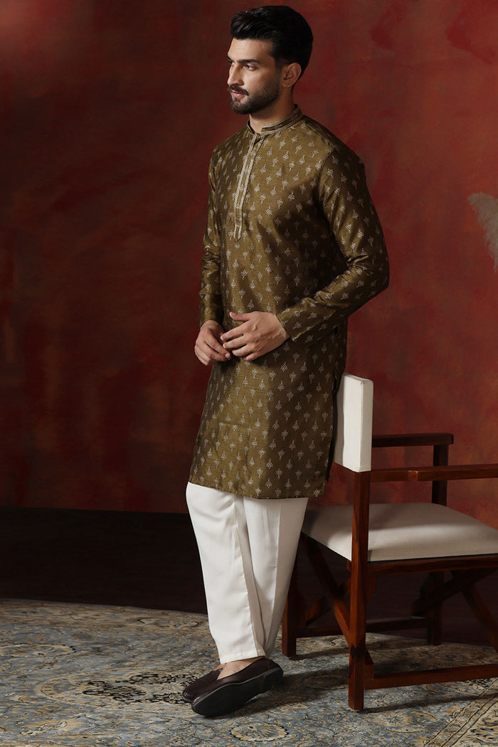 Mahendi Green Dupion Printed Kurta Set