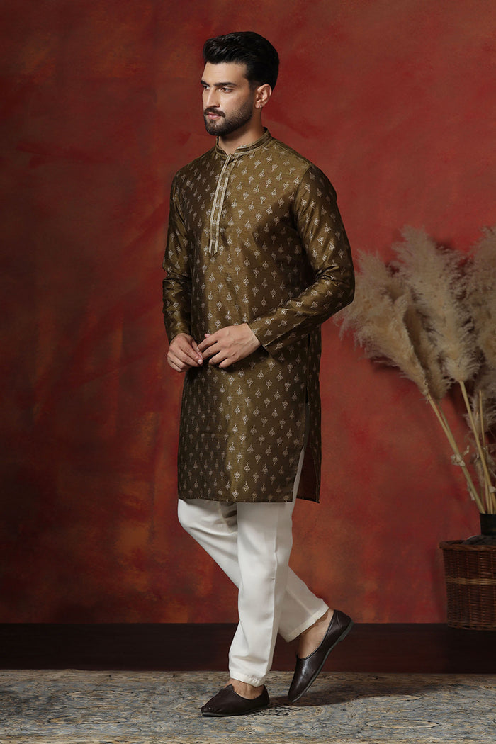 Mahendi Green Dupion Printed Kurta Set