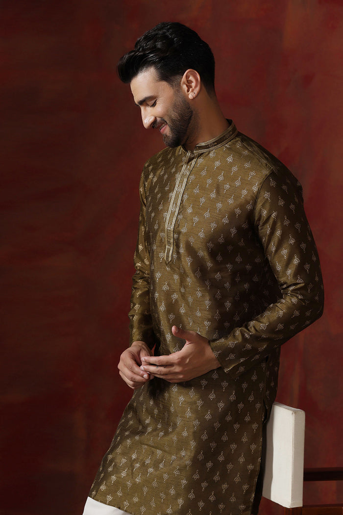 Mahendi Green Dupion Printed Kurta Set