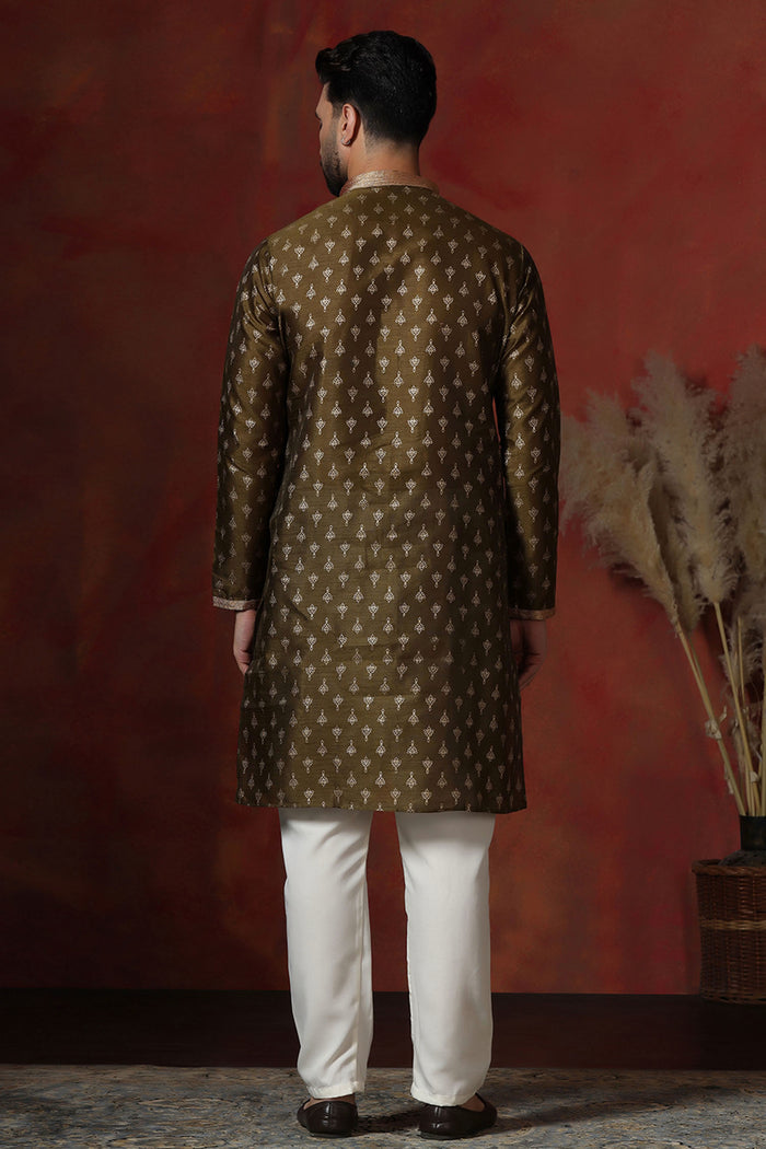 Mahendi Green Dupion Printed Kurta Set
