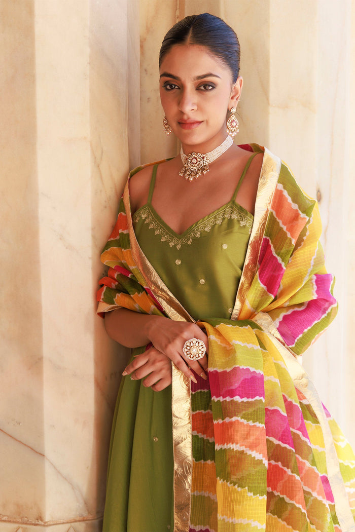 Mahendi Green Dupion Silk Kurta Set