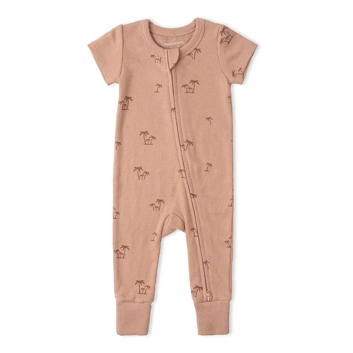 Makemake Organics - Short Sleeve Two-Way Zipper Romper - Island Palm-Footies + Rompers (Basic)-0-3M-Posh Baby