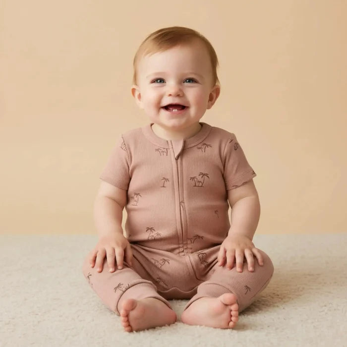 Makemake Organics - Short Sleeve Two-Way Zipper Romper - Island Palm-Footies + Rompers (Basic)-0-3M-Posh Baby