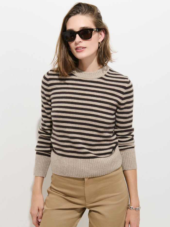 Marais Sweater in Marled Cashmere Stripe - Heather Taupe / Espresso