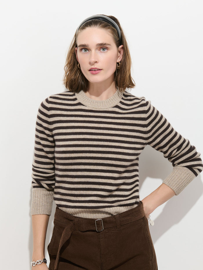 Marais Sweater in Marled Cashmere Stripe - Heather Taupe / Espresso
