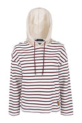 Front view of Margittes Striped Hooded Sweatshirt Burgundy and Cream 4003-03-2602 with cream hood and burgundy stripes, shop Margittes at Dotique.
