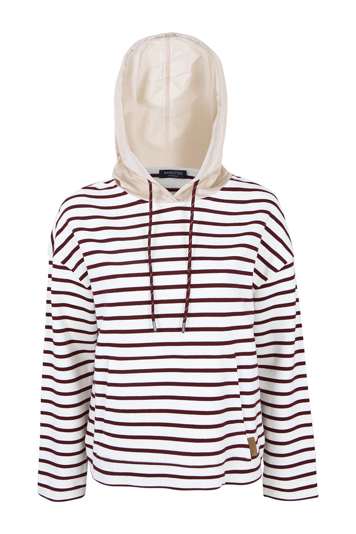 Front view of Margittes Striped Hooded Sweatshirt Burgundy and Cream 4003-03-2602 with cream hood and burgundy stripes, shop Margittes at Dotique.