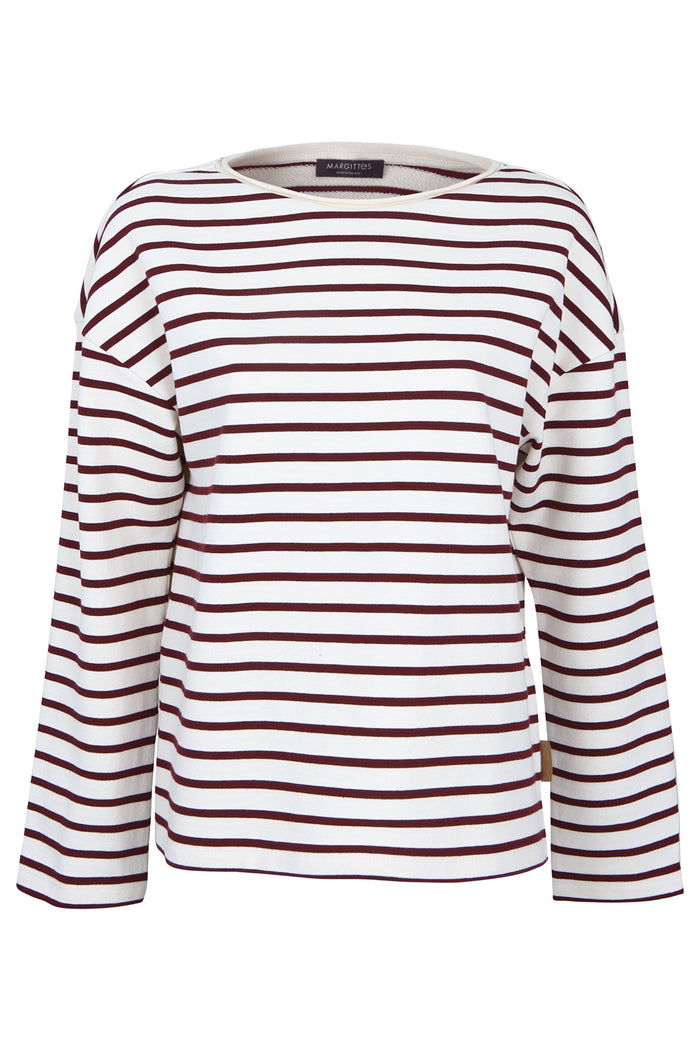 Shop the Margittes Striped Round Neck Sweatshirt in burgundy and cream at Dotique. Made from 100% cotton with a relaxed fit and classic stripe design for effortless everyday style.