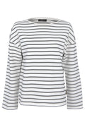 Shop the Margittes Striped Round Neck Sweatshirt in grey and cream at Dotique. Crafted from 100% cotton with a relaxed fit, classic stripe design and everyday comfort.
