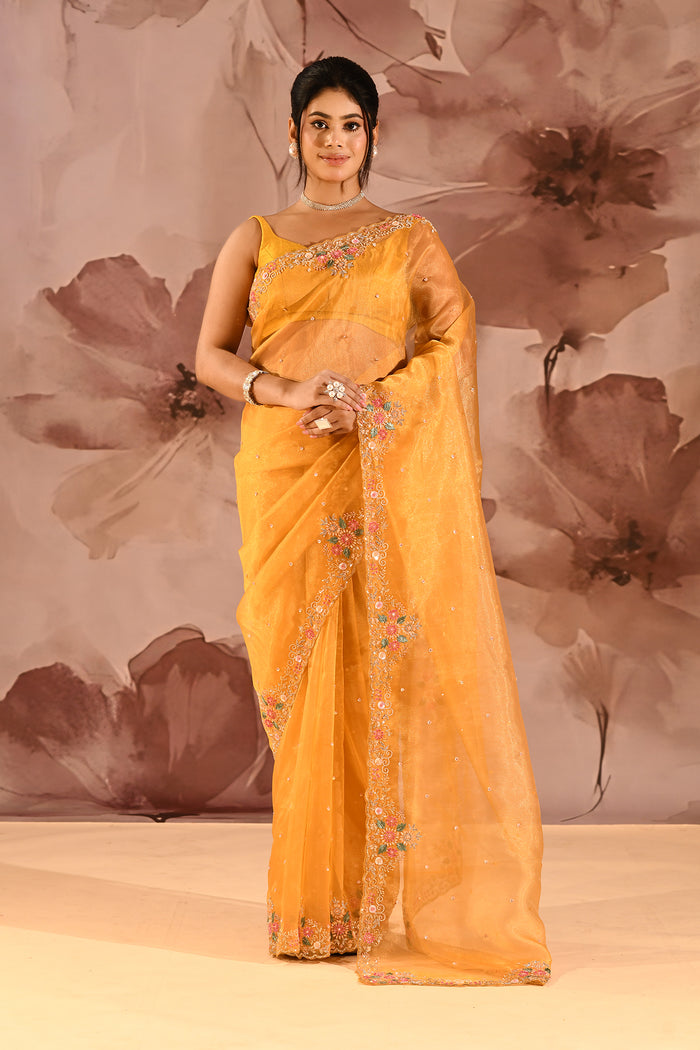 Marigold Yellow With Floral Stone Embellished Border Organza Saree