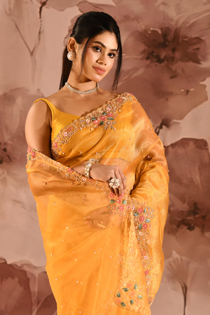 Marigold Yellow With Floral Stone Embellished Border Organza Saree