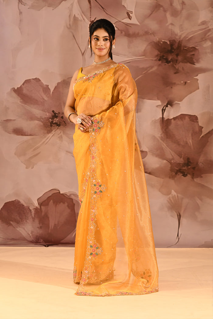 Marigold Yellow With Floral Stone Embellished Border Organza Saree
