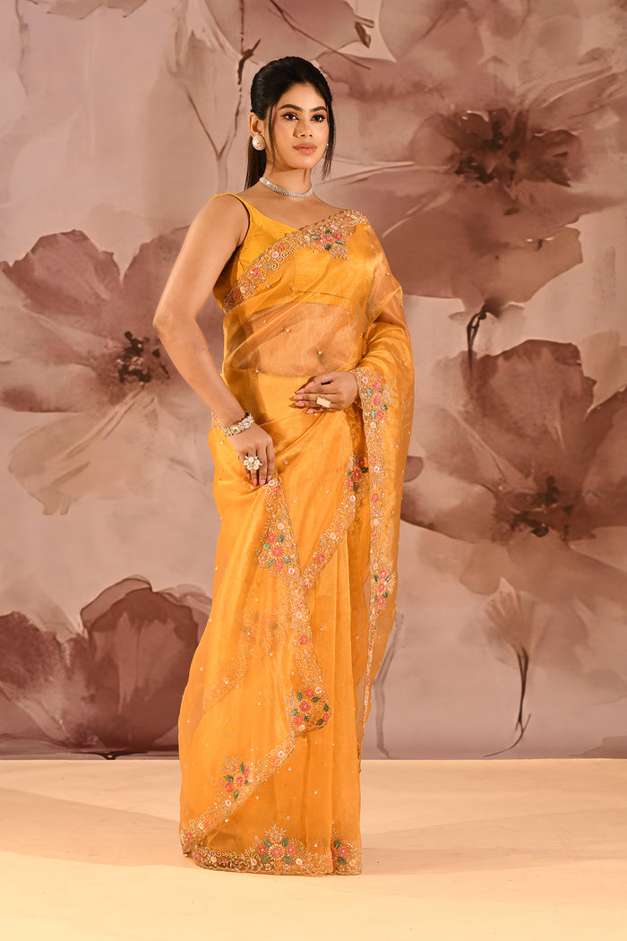 Marigold Yellow With Floral Stone Embellished Border Organza Saree