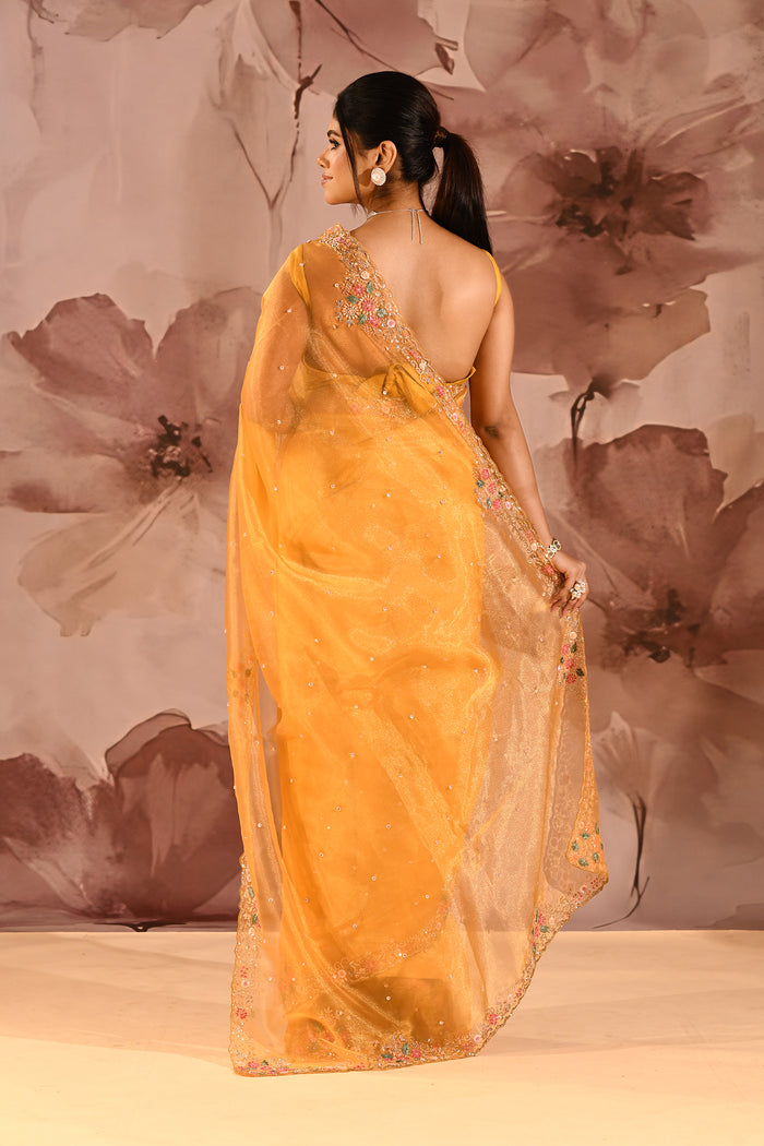 Marigold Yellow With Floral Stone Embellished Border Organza Saree