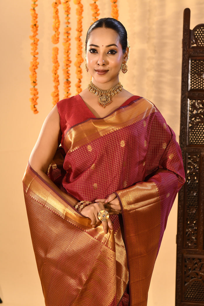 Maroon Checked Butti Kanjivaram Silk Saree