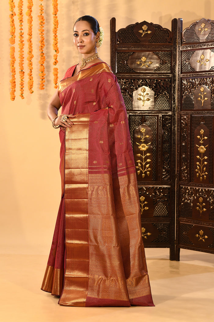 Maroon Checked Butti Kanjivaram Silk Saree