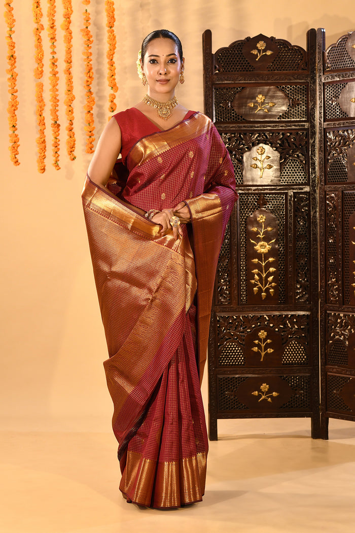 Maroon Checked Butti Kanjivaram Silk Saree