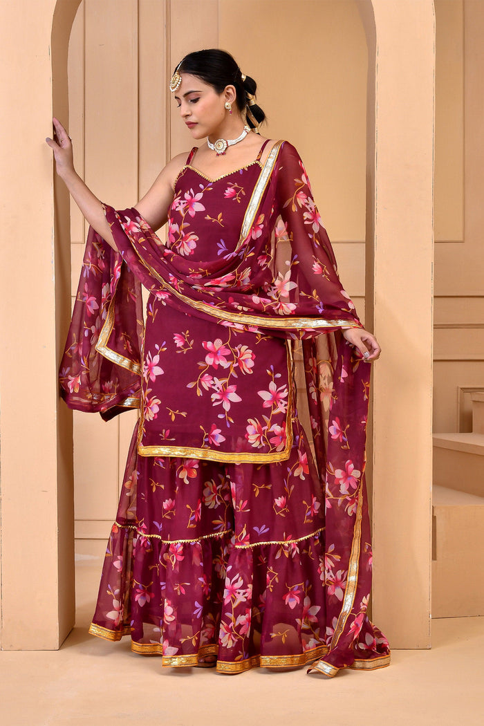 Maroon Chiffon Kurti Set With Floral Prints
