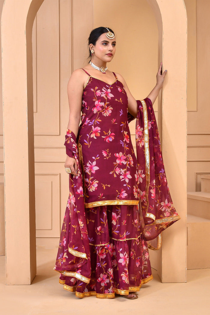 Maroon Chiffon Kurti Set With Floral Prints