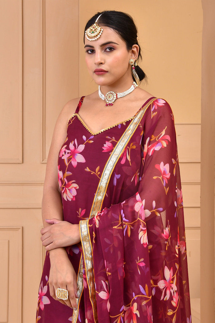 Maroon Chiffon Kurti Set With Floral Prints