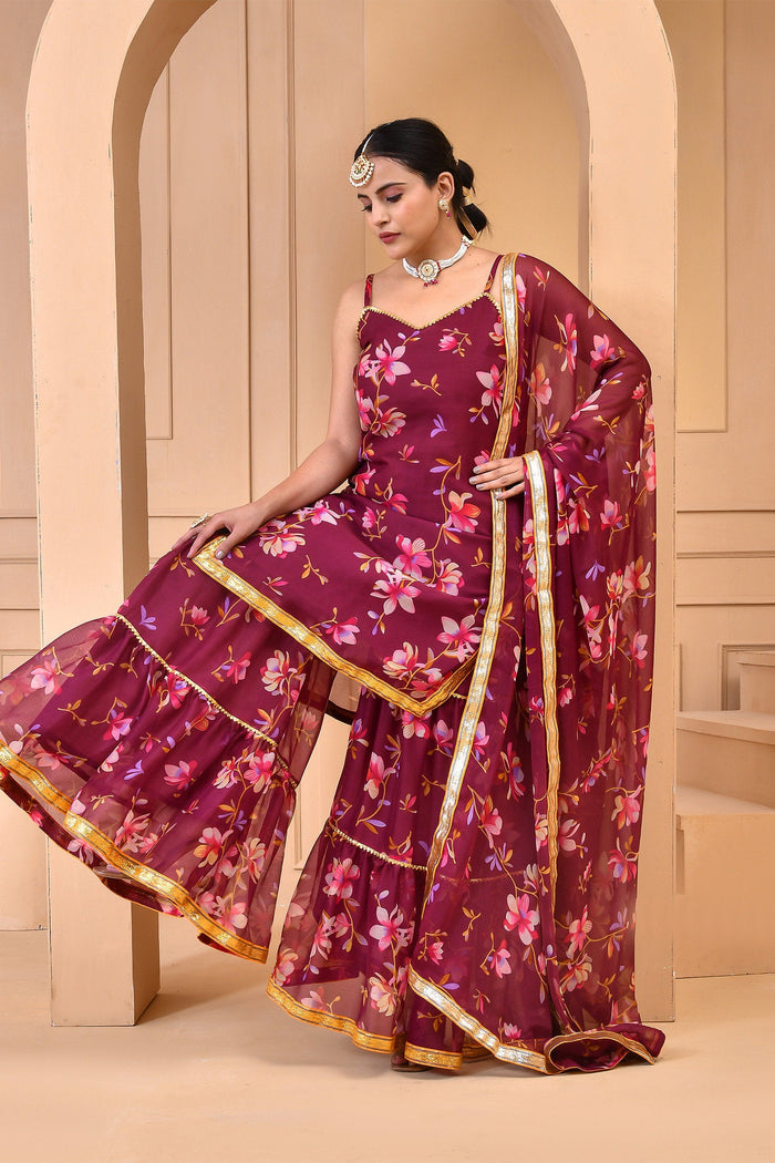 Maroon Chiffon Kurti Set With Floral Prints