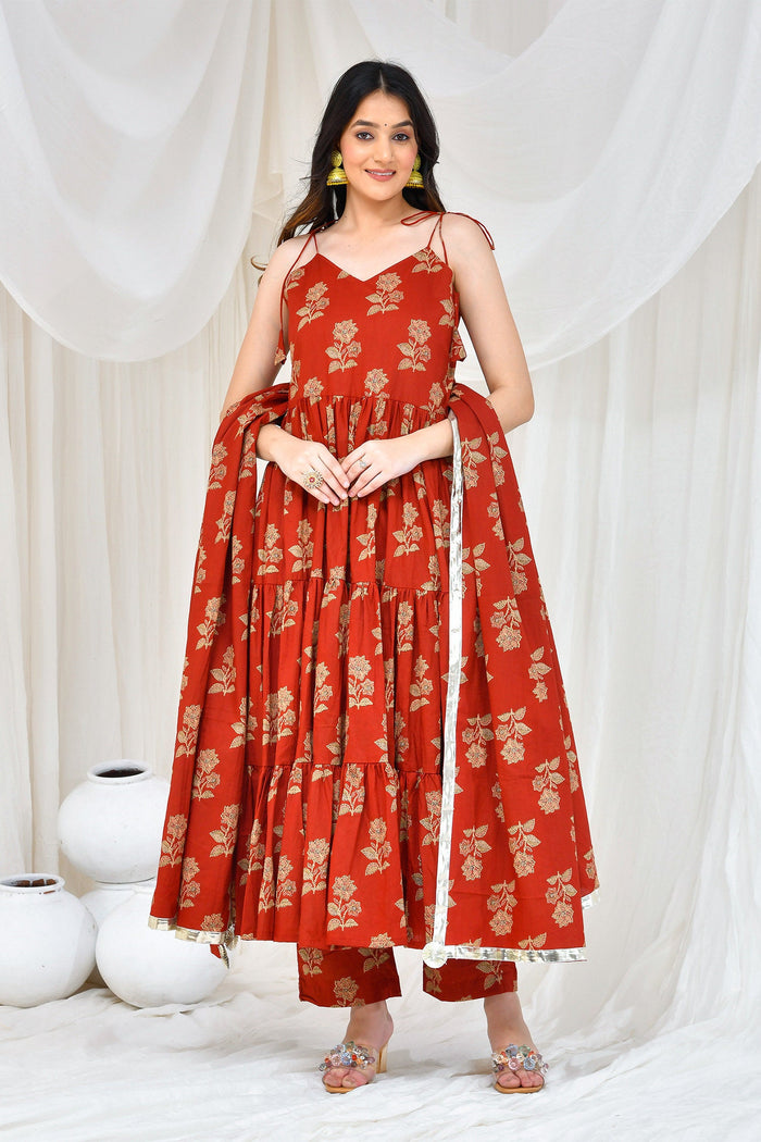 <img> Maroon Cotton Anarkali Set With Floral Prints